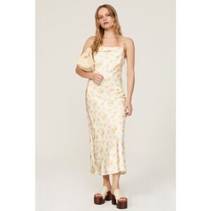 Holzweiler Eila Cream Yellow Floral Print Satin Midi Slip Dress Size XS